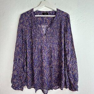 Lucky Brand Womens Purple Floral V-Neck Boho Long Sleeve Peasant Blouse Large